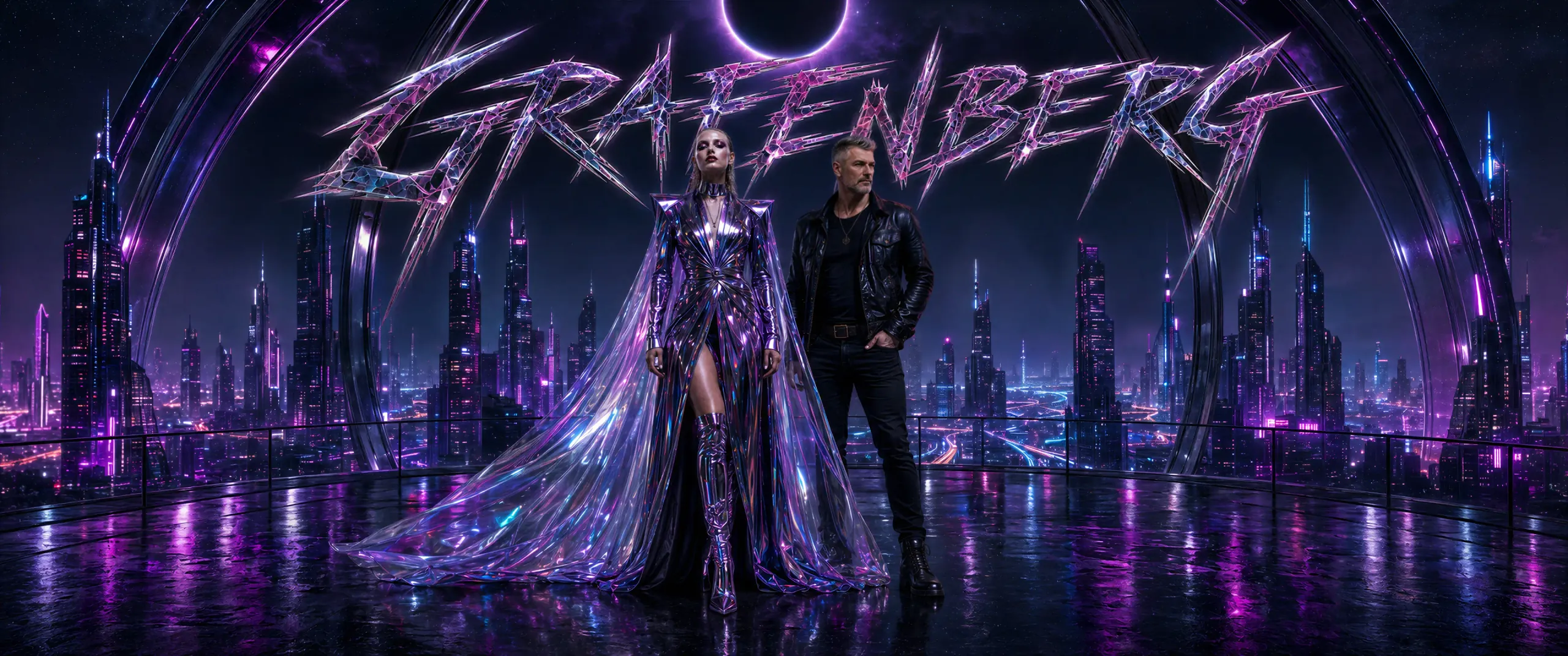 Grafenberg and Nyla Corvey on a rooftop, against a neon-lit night city